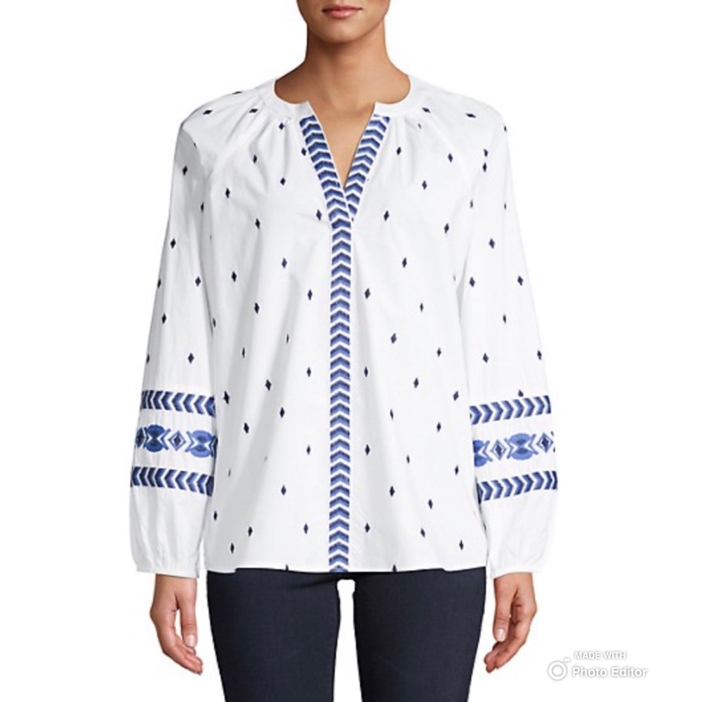Q&A Embroidered Long-Sleeve Cotton Top